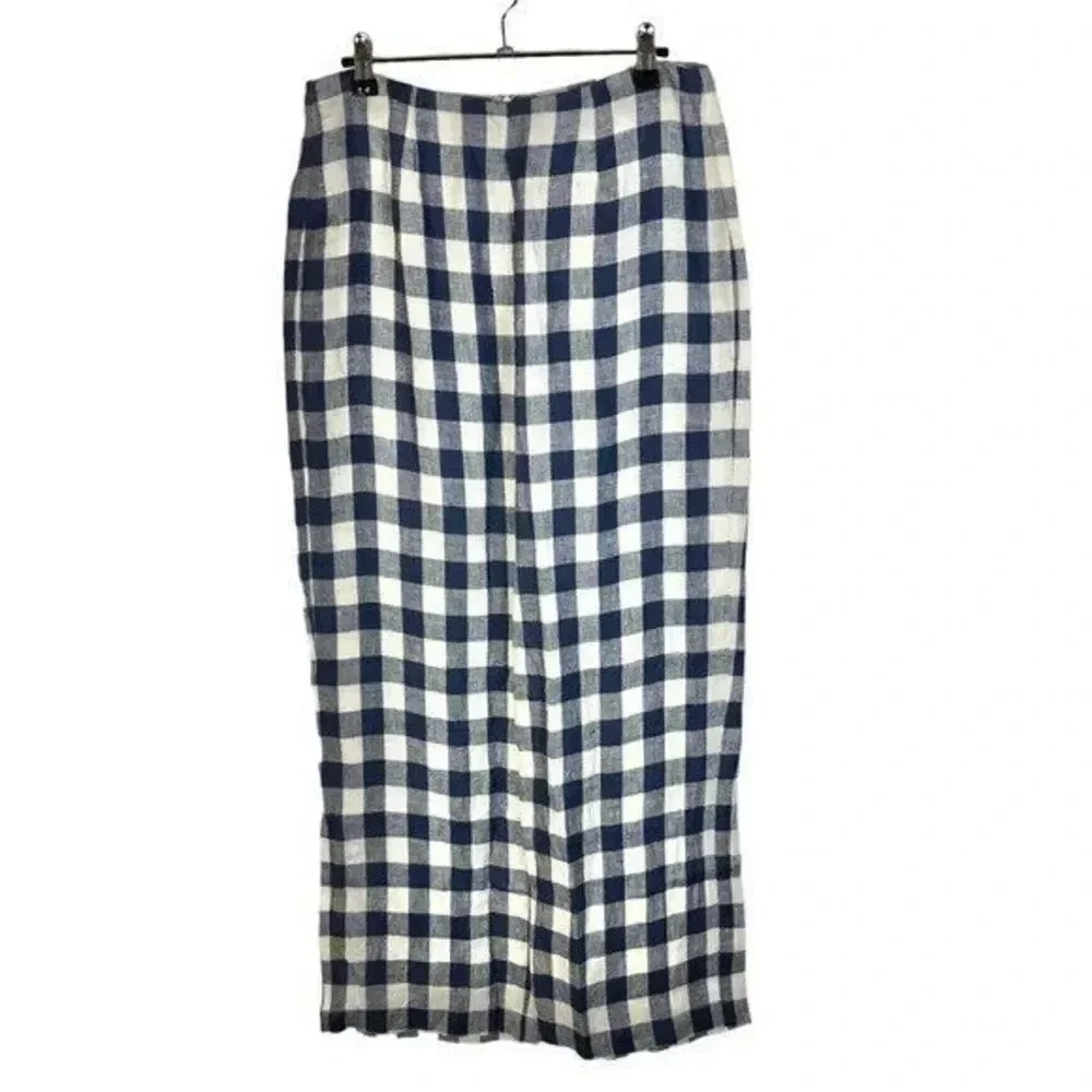 Reformation Blue & White Checkered Plaid Linen Wide Leg Pants 8